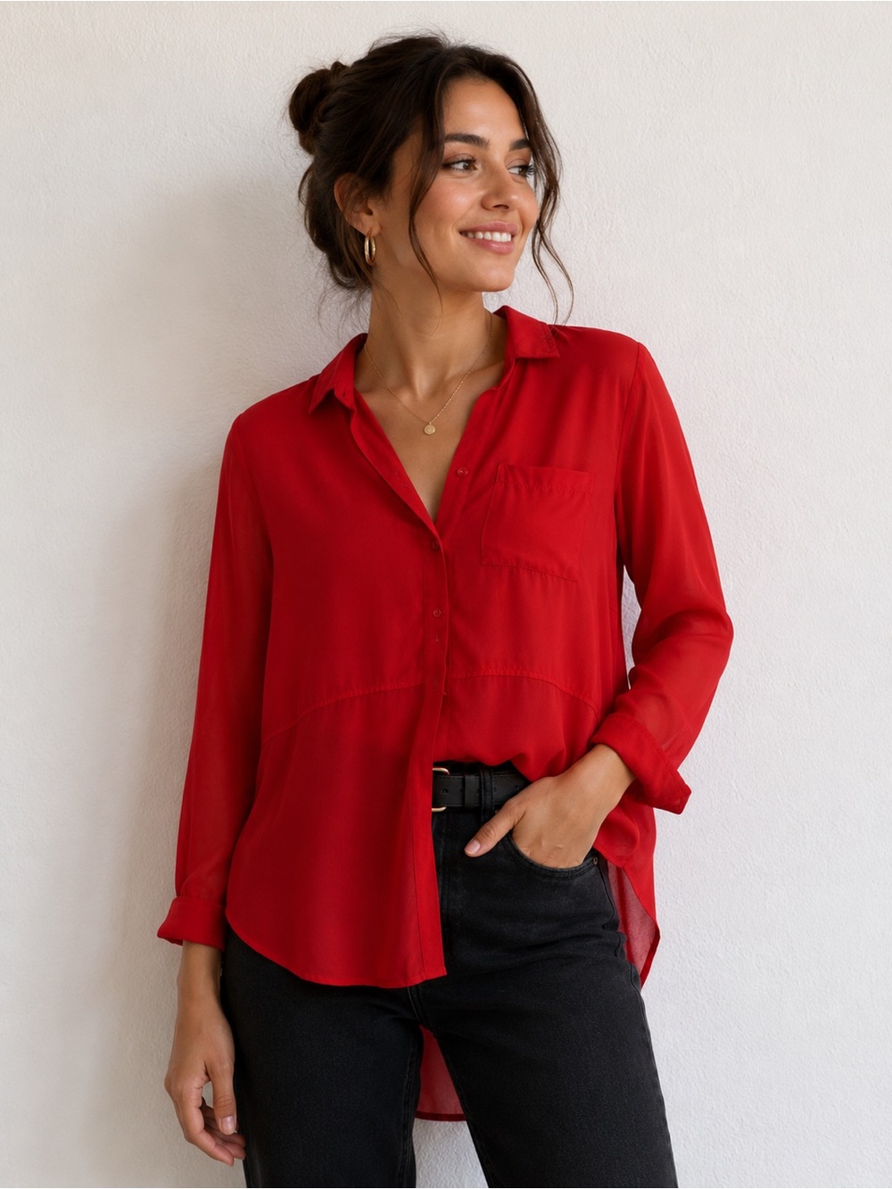 Free People Red Button-Down Collared Blouse
